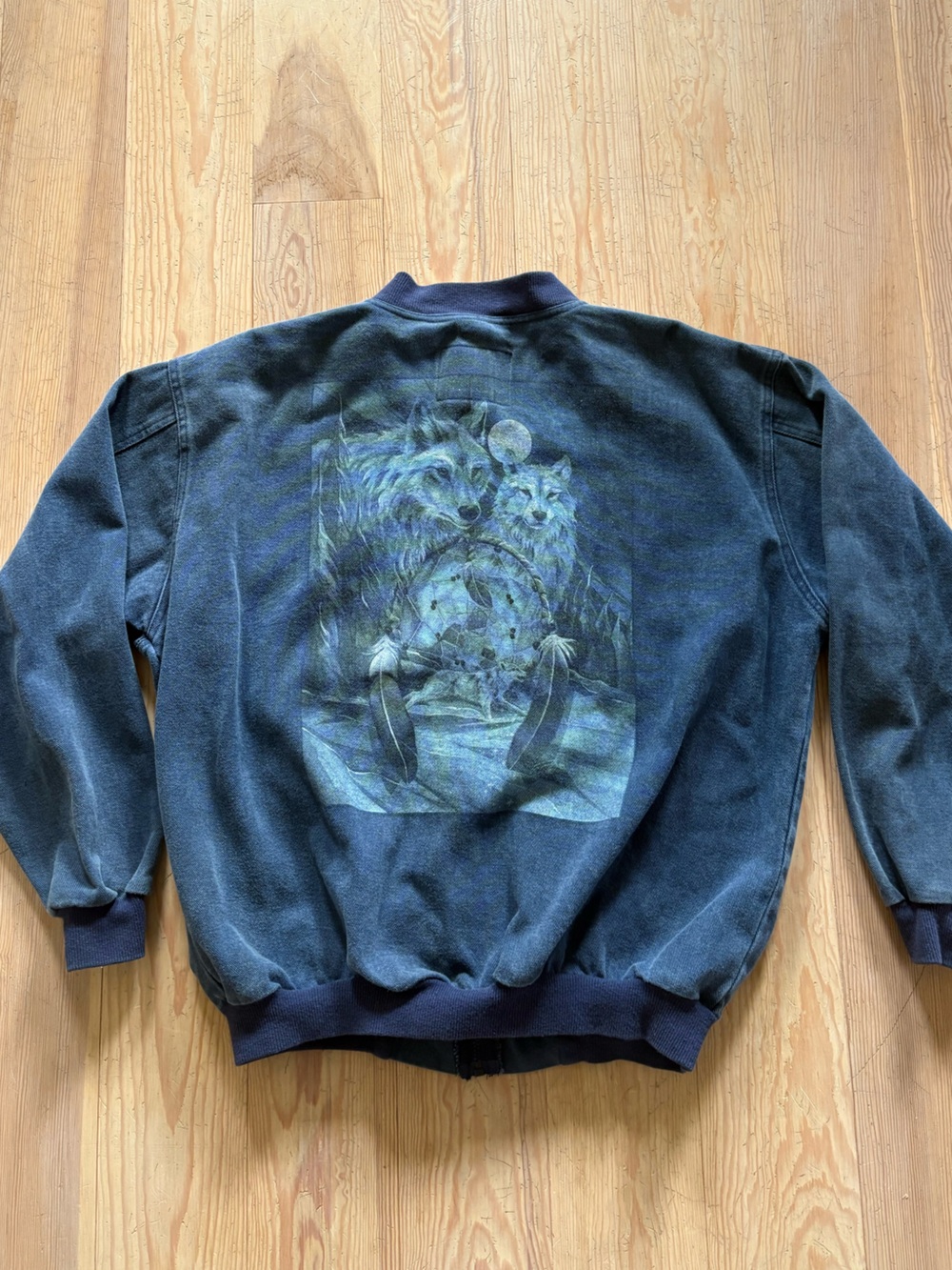 Vintage Harlequin Wolf Print Blue Denim Bomber Jacket